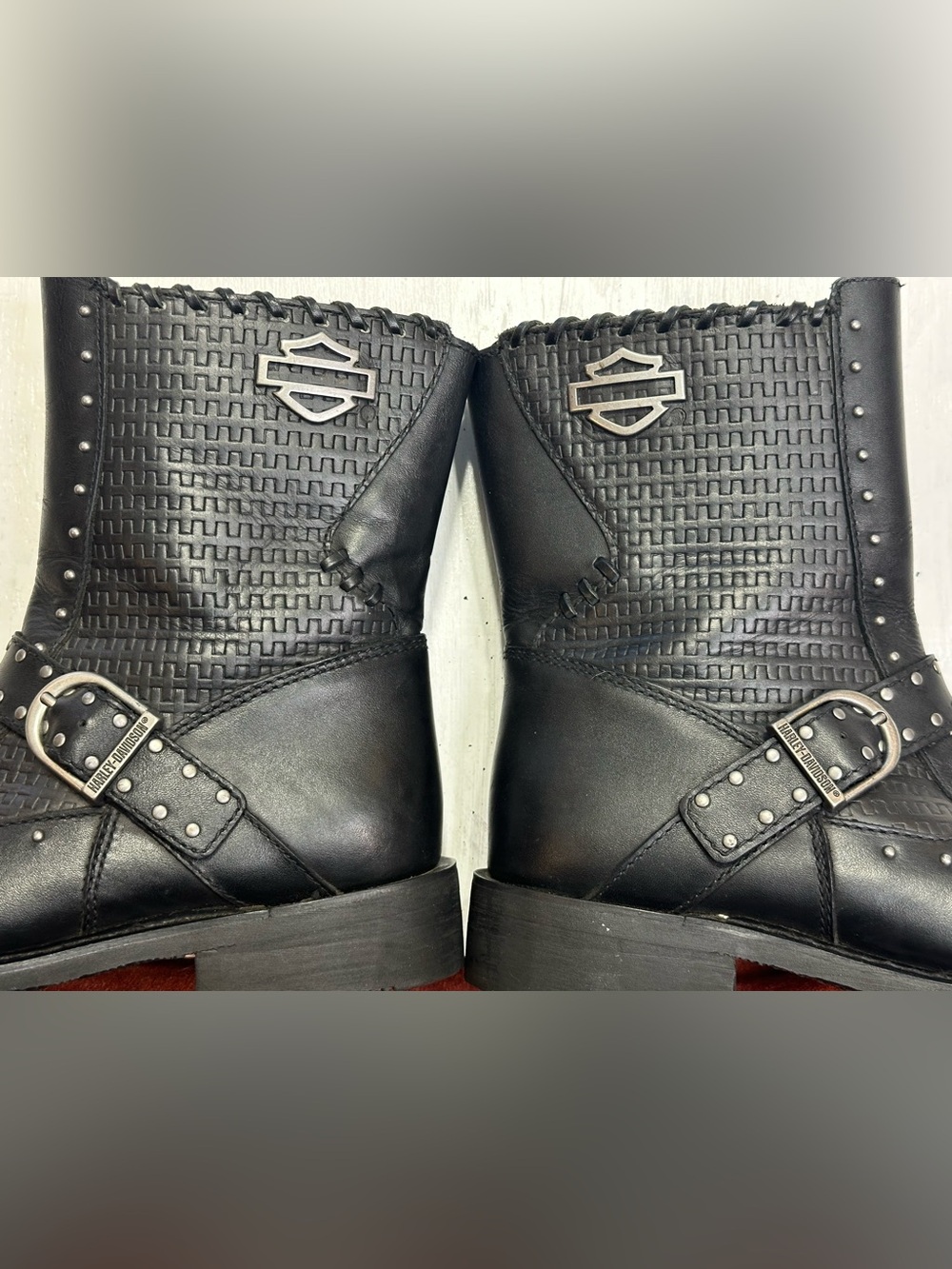 Harley-Davidson Abbie Black Leather Studded Moto Boots Women’s US 10M Biker - Picture 12 of 16